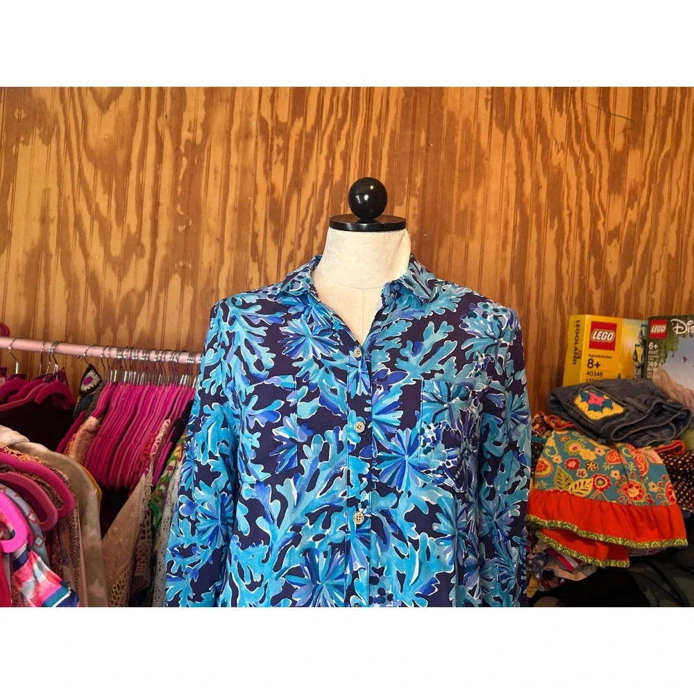 Lilly Pulitzer Blue‎ Floral Coral Print Rayon Button Down Shirt Dress XS Beach
